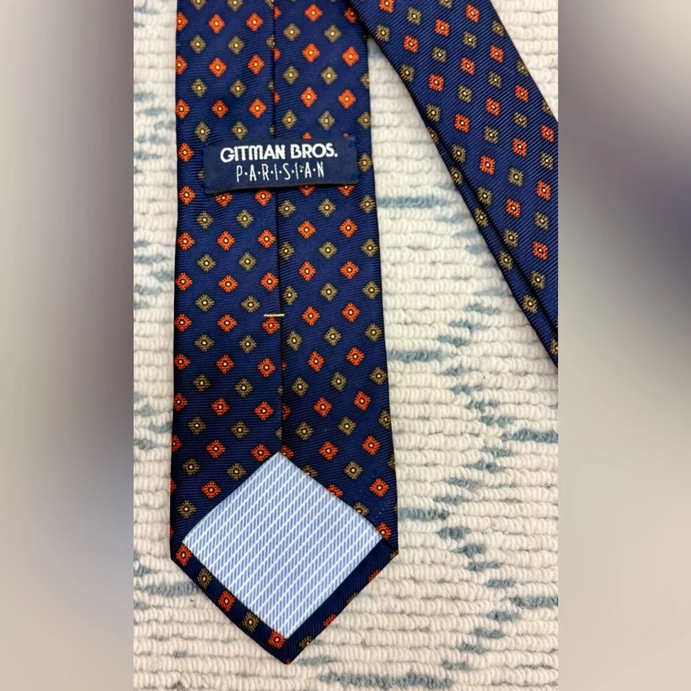 GITMAN BROS Parisian Formal Men’s Silk Tie Navy Blue Orange Medallion Hand Made